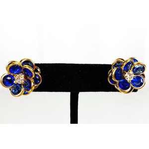 Vintage Avon Rhinestones Flower Petal Stud Earrings Blue Clip on